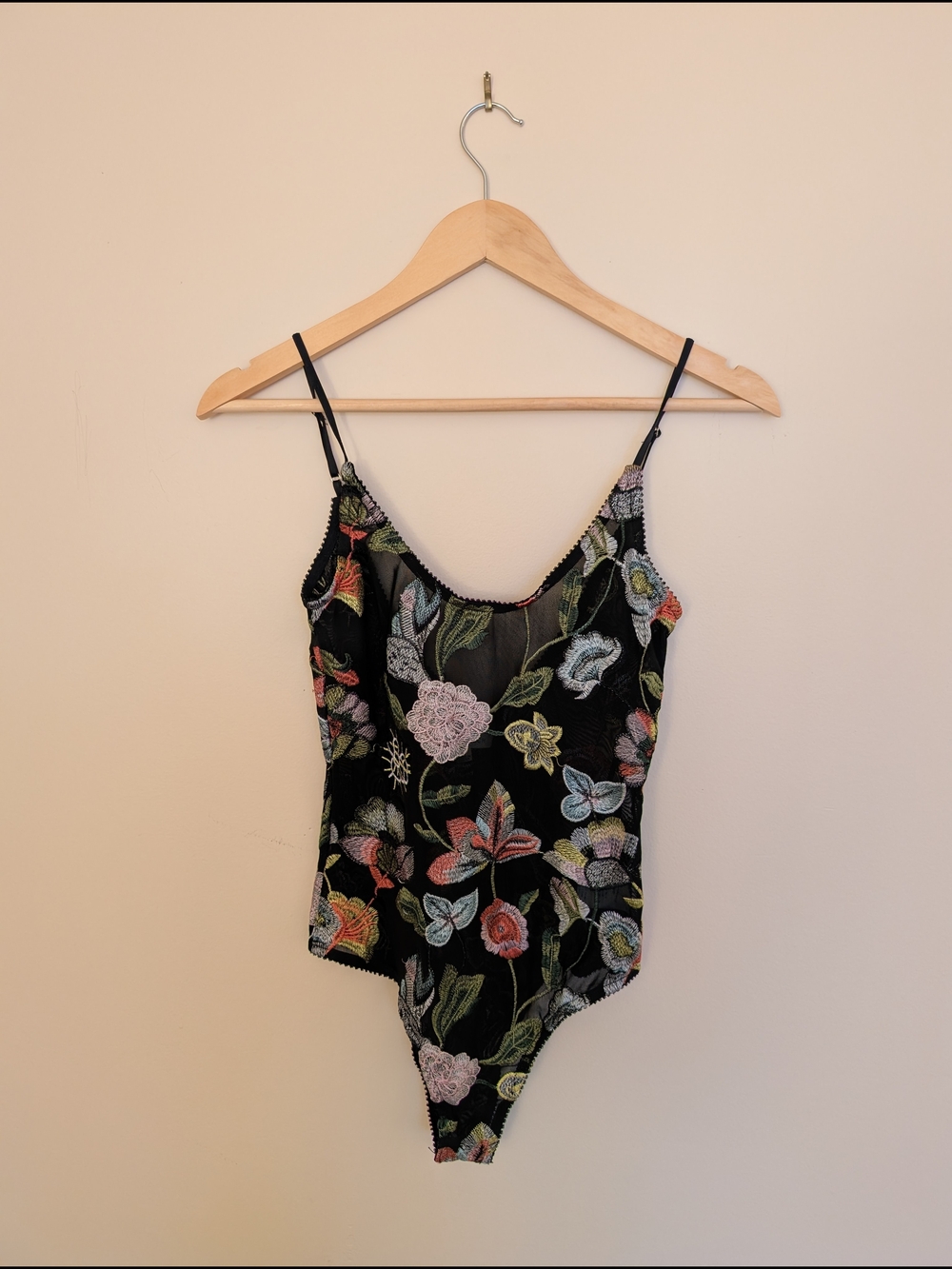 Black Floral Embroidered Sheer Bodysuit